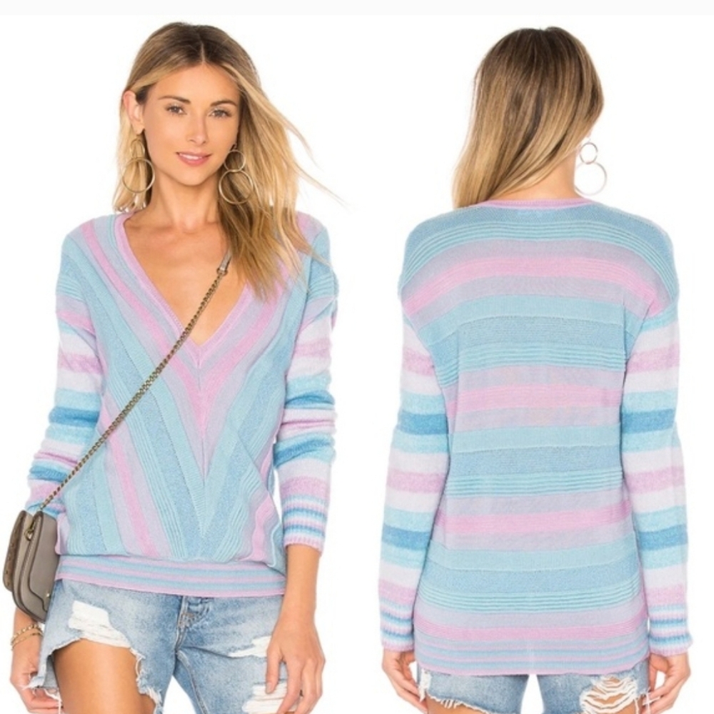 Tularosa Kinsley V-Neck Sweater in Blue and Pink Stripes Size XS
